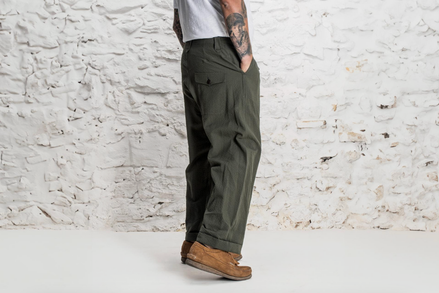 FLEURS DE BAGNE - LE PANTALON "LE NERVI" SEERSUCKER KAKI