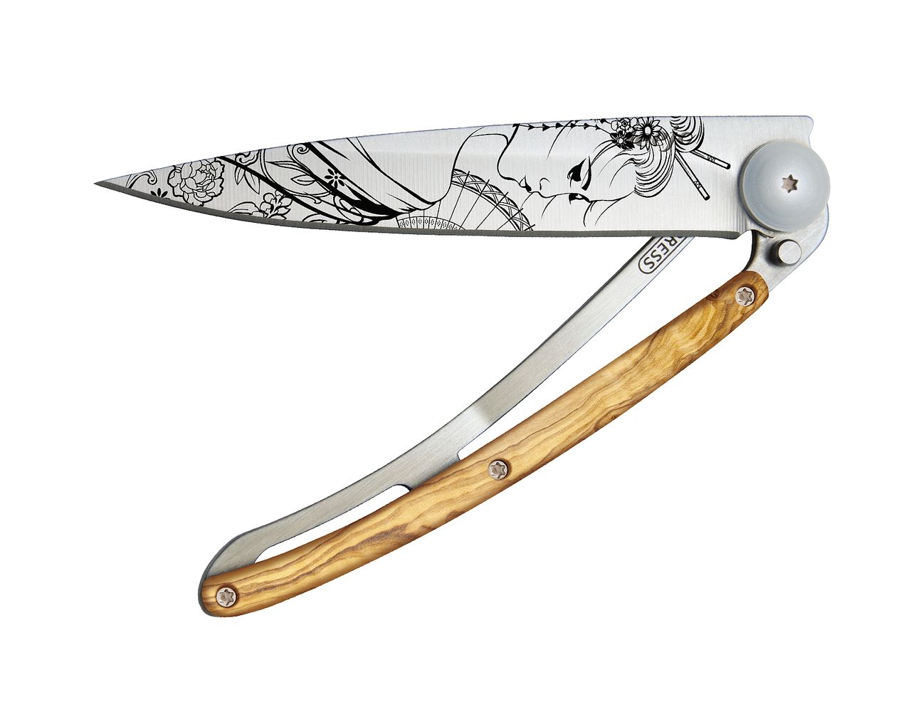 DEEJO KNIFE 37G, TITANIUM, OLIVE TREE / GEISHA