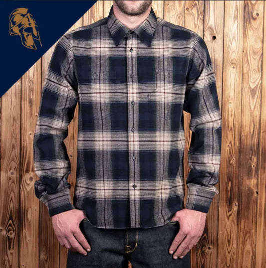 PIKE BROTHERS 1937 ROAMER SHIRT BLUE BEIGE CHECK FLANNEL