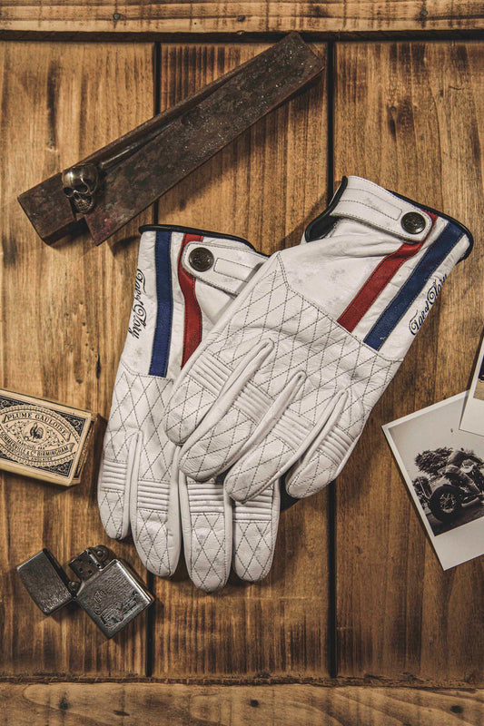 AGE OF GLORY Gants Miles CE cuir Blanc Bleu Rouge